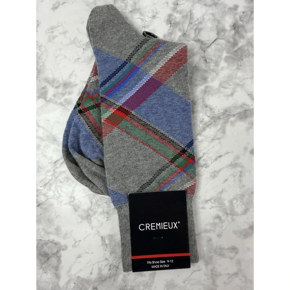 Cremieux Men's Gray Plaid Socks 1 Pair Fits Shoe Size 9-12 Made in Italy